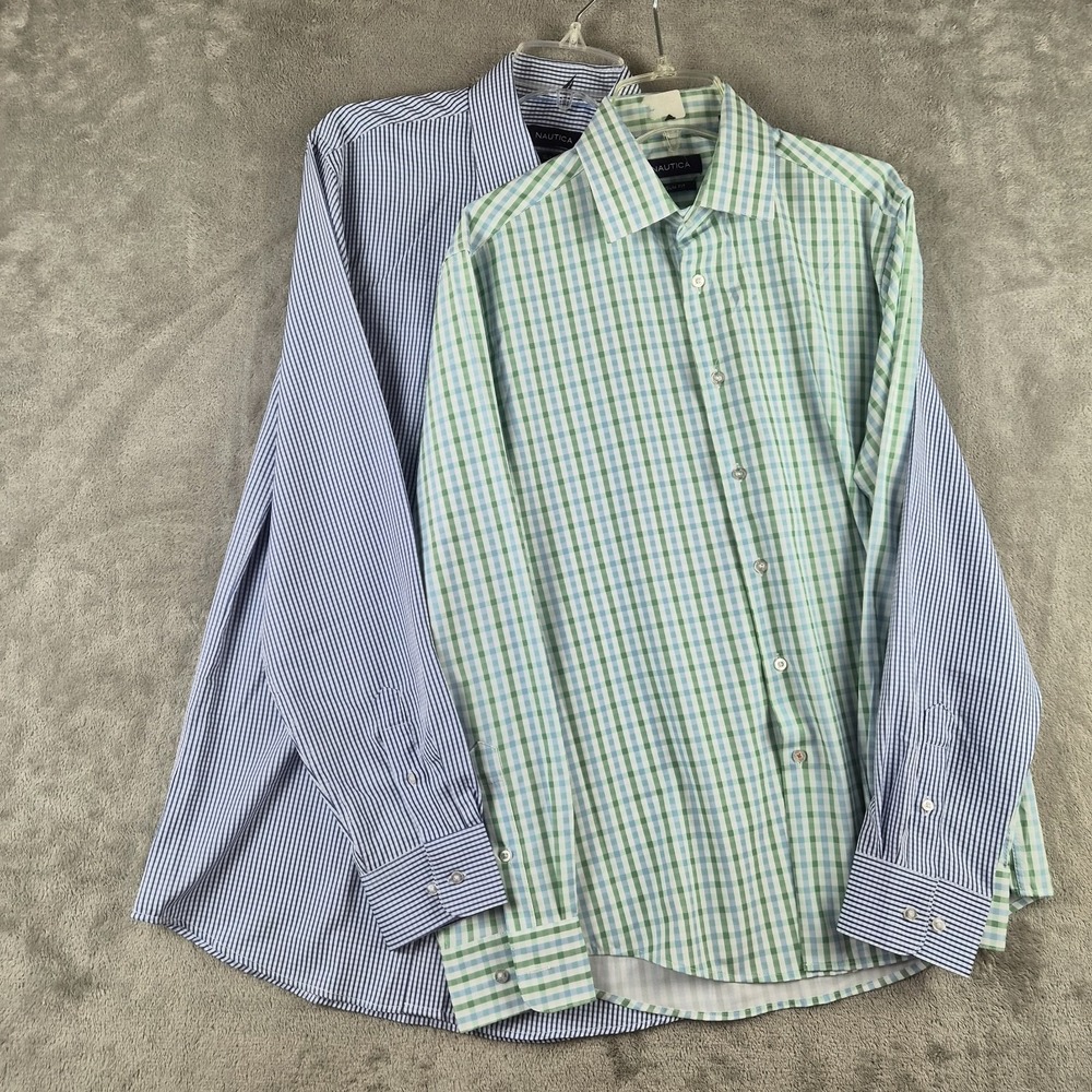 Lot Of 2 Nautica Slim Fit Men Dress Shirts Medium Blue Green Stretch Performance